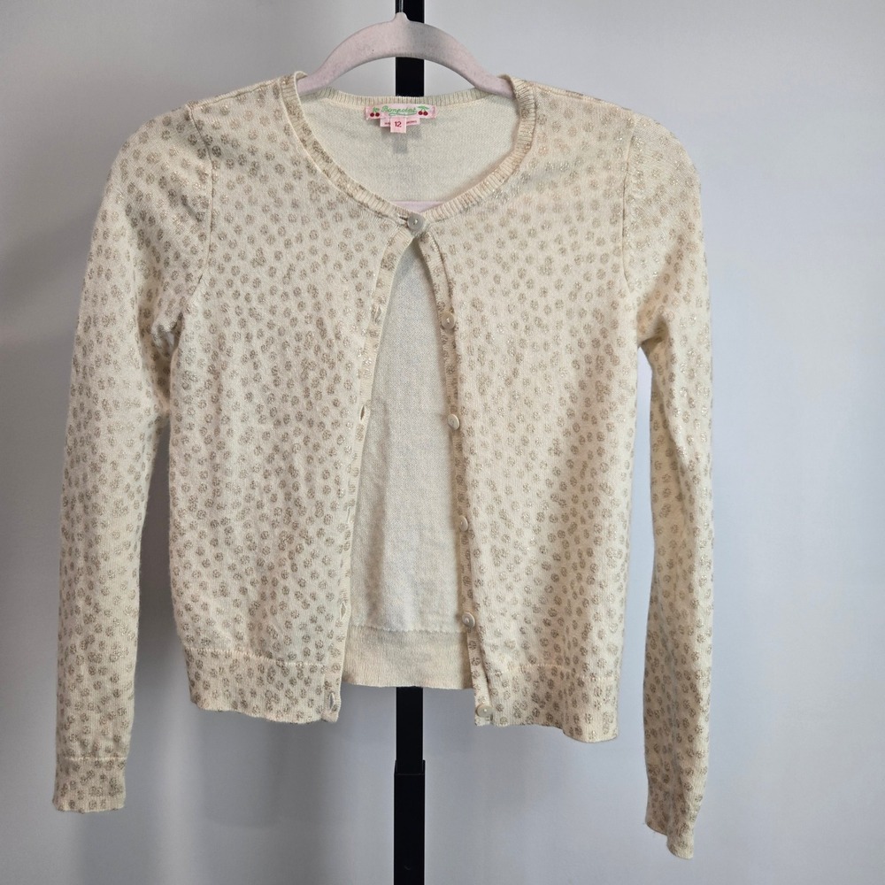 Bonpoint Girls Ivory Gold Metallic Polka Dot 100% Cashmere Cardigan Sweater 12
